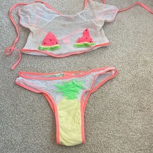 Lee & Lane mesh watermelon swim top and pineapple bikini bottom